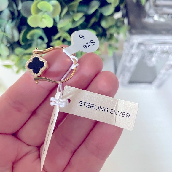 Rachel Zoe Sterling Silver 925 Onyx CZ Mother of Pearl Clover reversible Ring - Picture 2 of 4